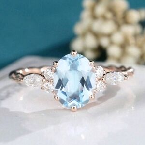 NEW light blue gemstone ring with CZ diamonds, rose gold, size 7